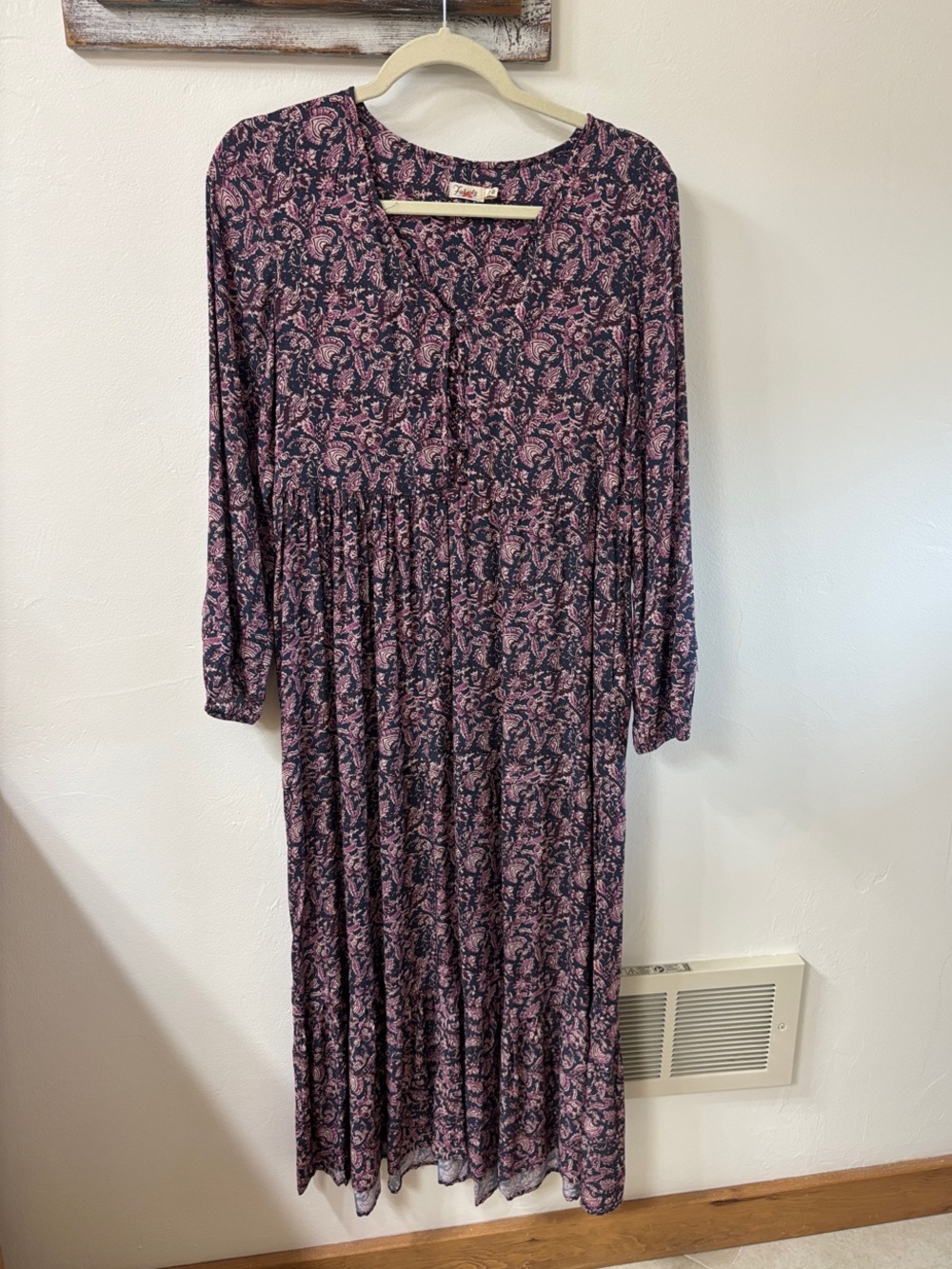 Faherty Navy and Pink Paisley Long Sleeve Maxi Dress